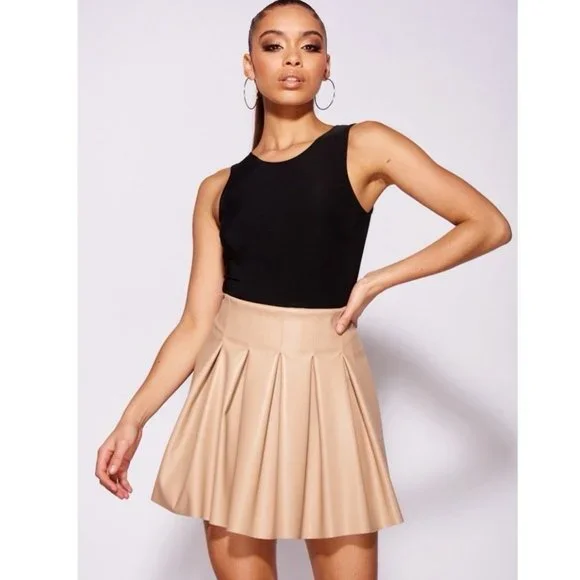 Nude Faux Leather Vegan Leather High Waist Pleated Mini Skater Skirt - Picture 9 of 15
